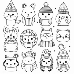 cozy christmas animals coloring book page no colors black and bold lines