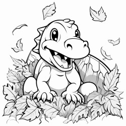 a trex playing in a pile of autumn leaves