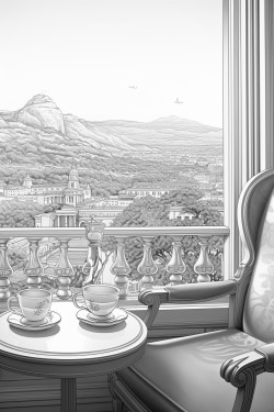 i sit down in front of mount and drink coffee from the gold cup looking at the mount from the palace hotel