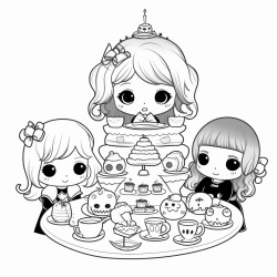 a kawaii tea party with creepy characters and eerie decorations