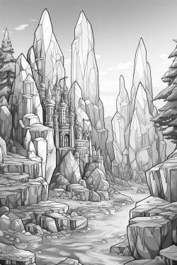 fancy cave of huge crystals black and white coloring book page outlines only white background