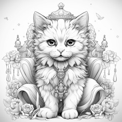 fluffy white spoiled cat with crown and pink diamond ring on left paw sitting on a cushion