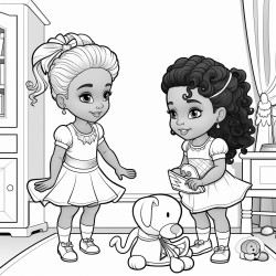 two little beautiful african american toddles with ponytails and bows playing with toys in a beautiful girly bedroom coloring page coloring page