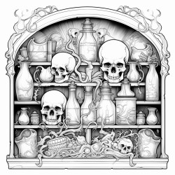 an alchemists cabinet filled with mysterious bottles skulls and ancient scrolls