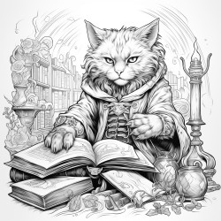 warlock with cat and books in a room with magic artefacts