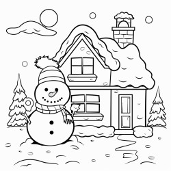 a house covered in snow and a snow man on the lawn