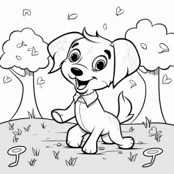 a dog dancing in the forest with music notes