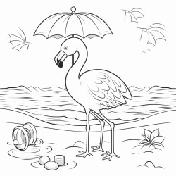 beach party with flamingo standing by and beach balls umberella