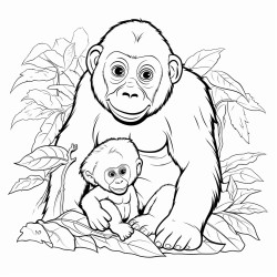 mountain gorilla  a mountain gorilla sitting under a tree cradling a baby gorilla with large leaves around them