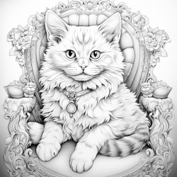fluffy white spoiled cat with crown and pink diamond ring on left paw sitting on a cushion