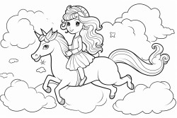 princess riding a unicorn on the clouds with rainbow in the background