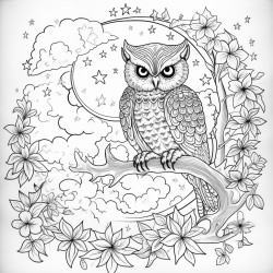 create a blackandwhite coloring page featuring an owl perched on a tree branch at night the owl should have bold clear outlines surrounded by intricate designs of stars a crescent moon and whimsical clouds include simple details like leaves and small forest creatures