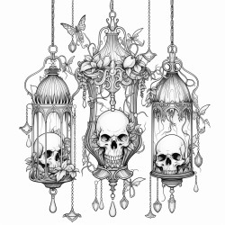 gothic lanterns  a set of victorianstyle lanterns with skull and bat motifs each with ornate details and hanging chains coloring page