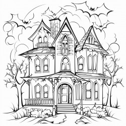 a spooky but not too scary haunted house with bats flying around and a ghost peeking out of a window