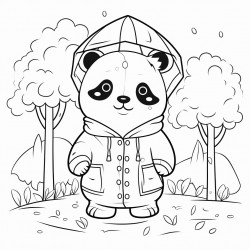 baby panda wearing a raincoat in jungle surrounded by tall trees and rain