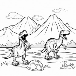 dinosaurs playing soccer in front of a volcano