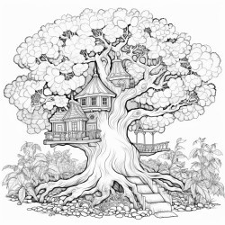 a beautiful garden with a big tree in the middle