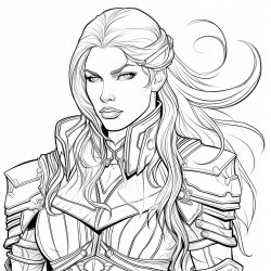 stern woman with tight straight ponytail in leather armor no pupils