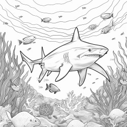 coloring page in black and white with a white shark swimming in between corals and various fishes with no grey or blue areas in the picture