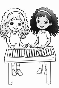 two 14 year olds girls one with curly hair and the other with straight hair playing the xylophone