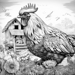 a hungry chicken trying to eat a bee for dinner