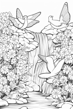 a waterfall surrounded by flowers butterflies and beautiful birds on a sunnyday