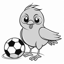 a soccer ball sitting on the halfway line with a robin perched on top