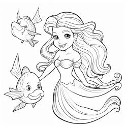 a cheerful mermaid with a long wavy tail swimming alongside two dolphins