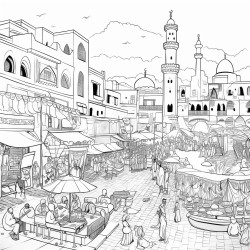 a bustling scene in jemaa elfnaa square with snake charmers and food stalls