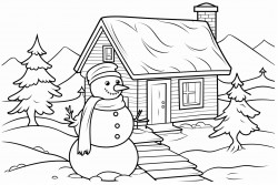 snowman outside of a warm farm house