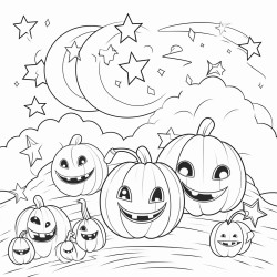 a simple line art scene of smiling pumpkin characters with small rounded shapes holding baskets of candy they stand in a peaceful halloween setting with a large moon and stars minimal background lines to create a comfy atmosphere