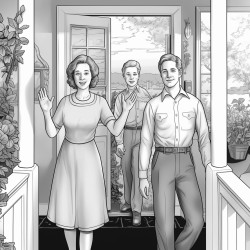 a poignant family farewell scene where parents wave goodbye to their departing teen no color no shading