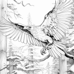 a raven flying through a dark forest carrying a key in its beak