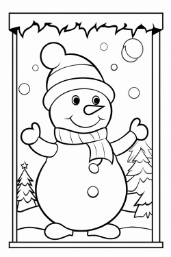 christmas snowman outside the window and behind the christmas tree