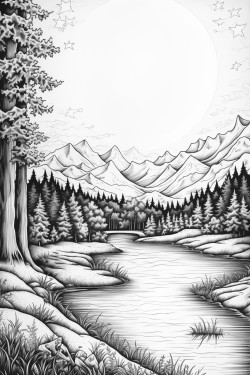 create a serene landscape with a full moon shining in a clear sky below a tranquil lake reflects the moonlight surrounded by swaying trees and rolling hills add distant mountain silhouettes and a few twinkling stars to evoke a sense of calm and wonder