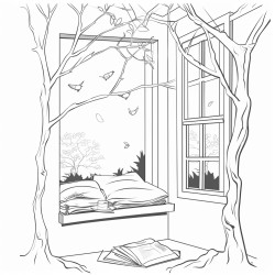inside of bedroom tree outside window bird nest coloring page