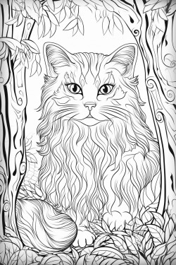 a beautiful but disheveled cat in a magical forest