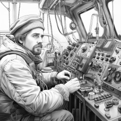 a ships radio operator sending morse code the seas outside are heavy
