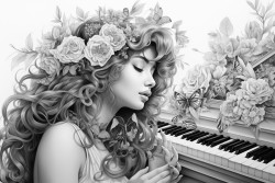 femme jouant du piano avec des fleurs
