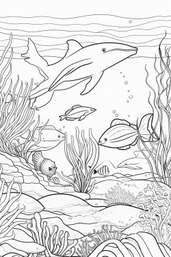 a vibrant underwater scene with various sea creatures like fish turtles a whale and coral reefs