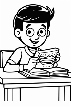 a man sitting at a table and taking a bite from a book as if its a sandwich