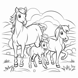 un poney et deux chiens
