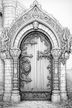 gothic style door with intricate patterns in the wood wrought iron bars and an eclectic door knocker coloring page