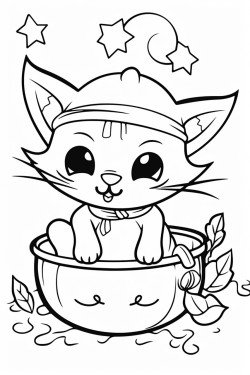 a cute cartoon cat stirring a cauldron underneath the moon and stars