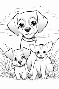 1 beagle dog and 2 cats playing together outside