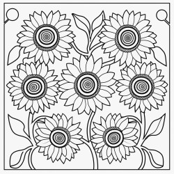 create a coloring page with clear thin line art and no shading or filled areas the design should feature only outlines of the shapes with empty spaces sunflowers and ladybugs