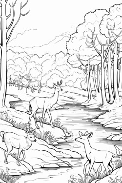 a river in a forest with kids playing and animals