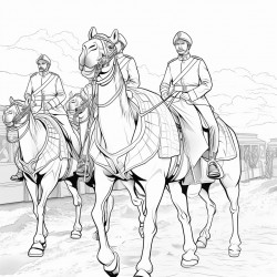a coloring book page in black and white lines only camels in military uniform