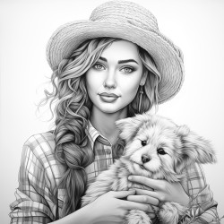 a beautiful country woman with check shirt and a hairbun leaning against a scarecrow