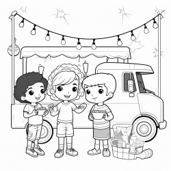 food truck market with multicultural theme and festoon lights